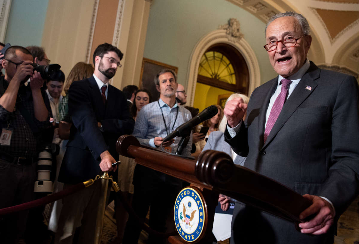 Senate Majority Leader Chuck Schumer speaks during a news conference following the Senate Democrats policy luncheon in Washington, D.C., on July 13, 2021.