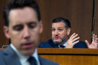 Senators Ted Cruz and Josh Hawley attend a Senate Judiciary Committee markup in the Hart Senate Office Building on June 10, 2021.