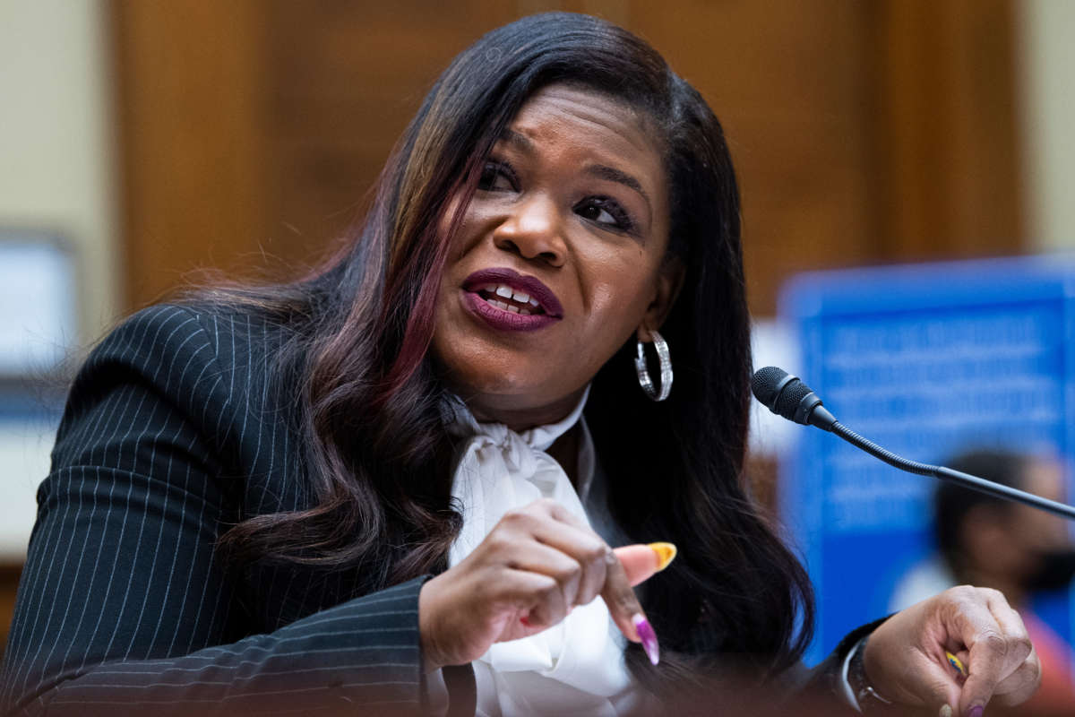 Rep. Cori Bush testifies during a House Oversight and Reform Committee hearing in Rayburn House Office Building on May 6, 2021.