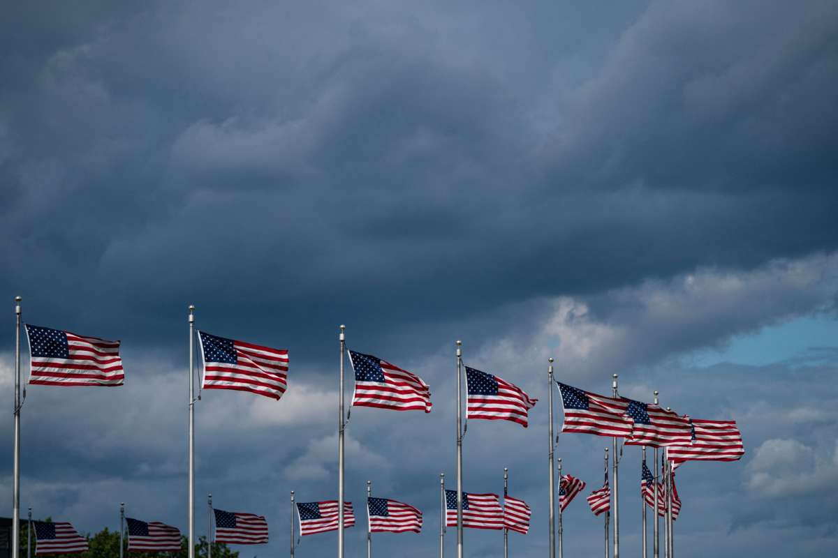 Flags fly near the Washington Monument on the National Mall on July 3, 2021, in Washington, D.C.