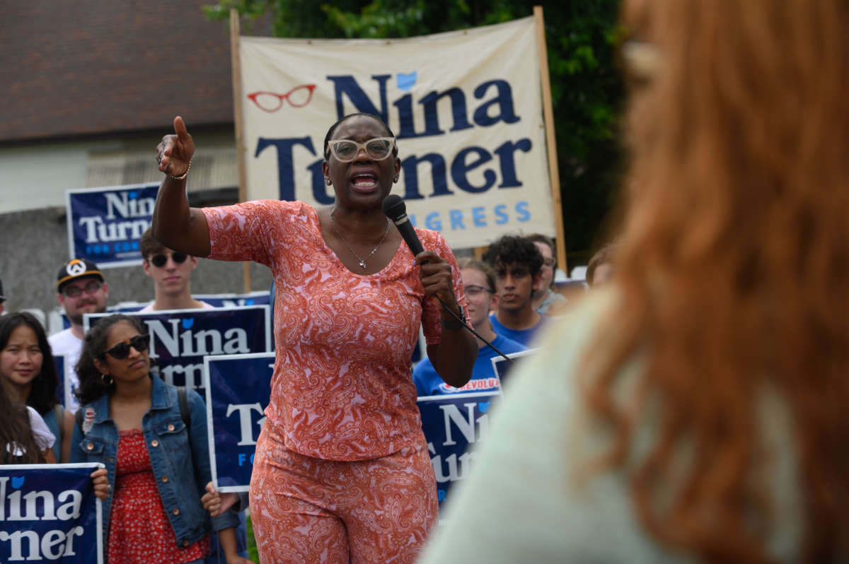 Ohio Congressional Candidate Nina Turner speaks at a campaign stop on July 24, 2021 in Cleveland, Ohio.
