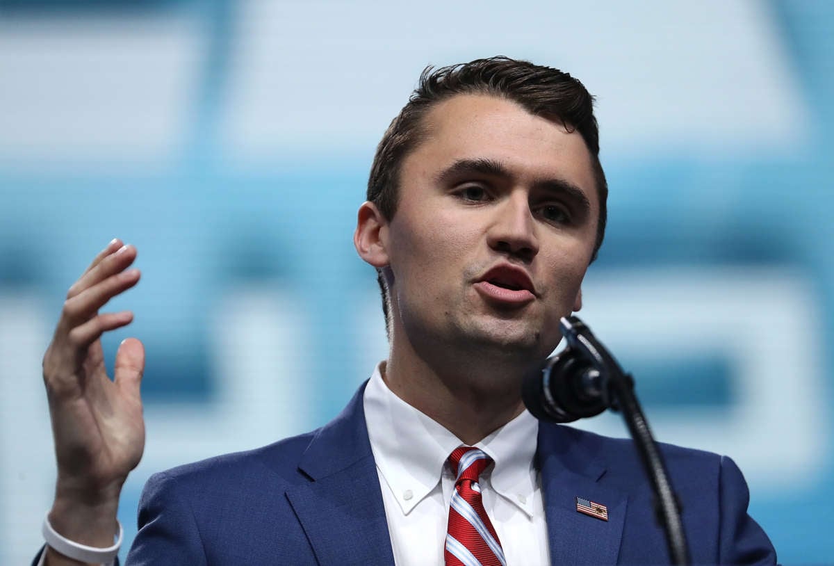 Charlie Kirk, founder and executive director of Turning Point USA, speaks at the NRA-ILA Leadership Forum during the NRA Annual Meeting at the Kay Bailey Hutchison Convention Center on May 4, 2018, in Dallas, Texas.
