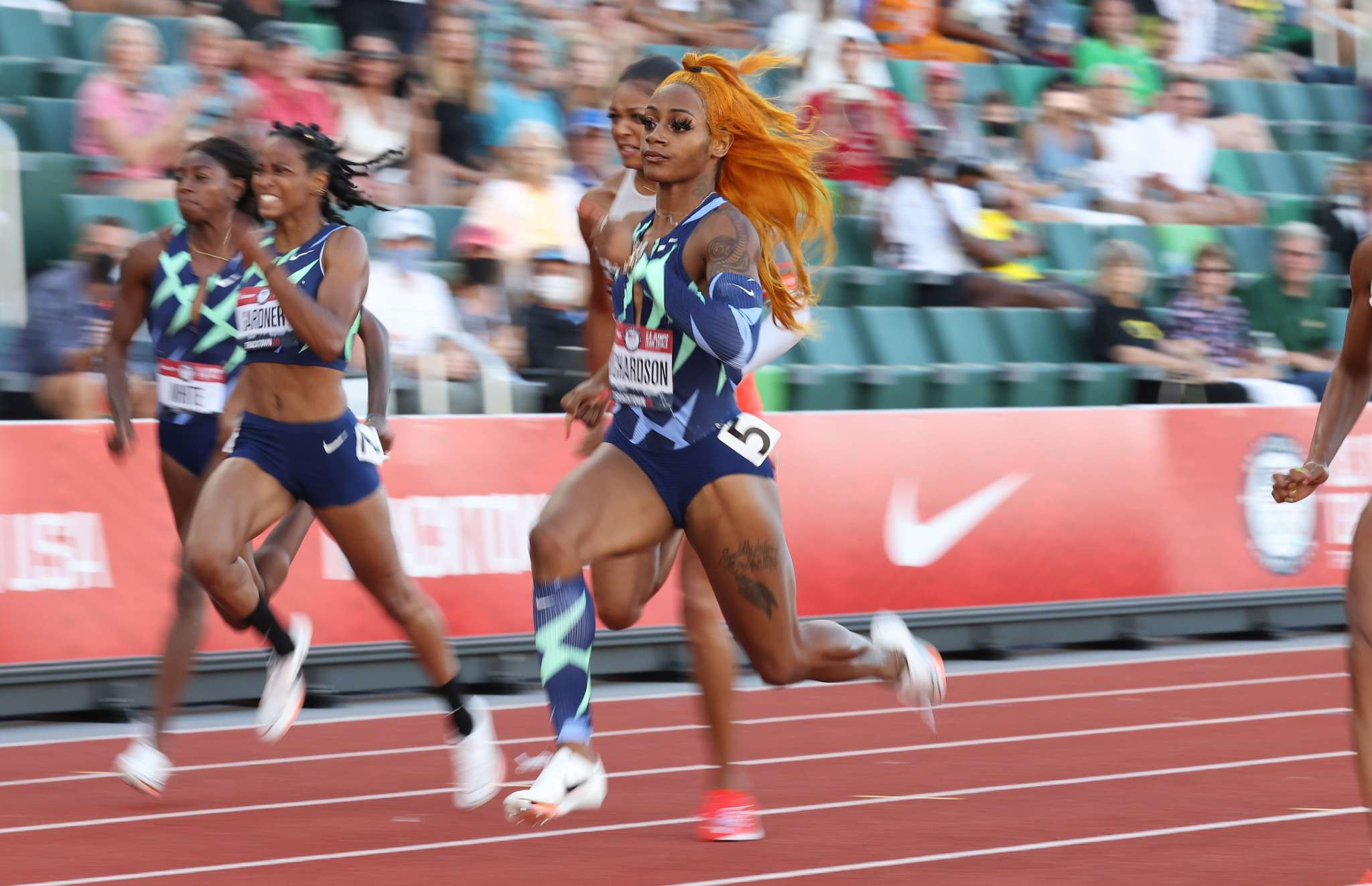 Sha'Carri Richardson competes in the women's 100 meter race on da...