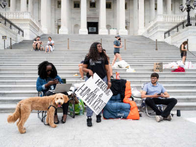 Rep. Cori Bush holds a "housing is a human right" sign at the House steps on Saturday morning, July 31, 2021.