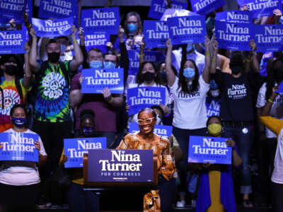 Nina Turner speaks to a crowd of supporters