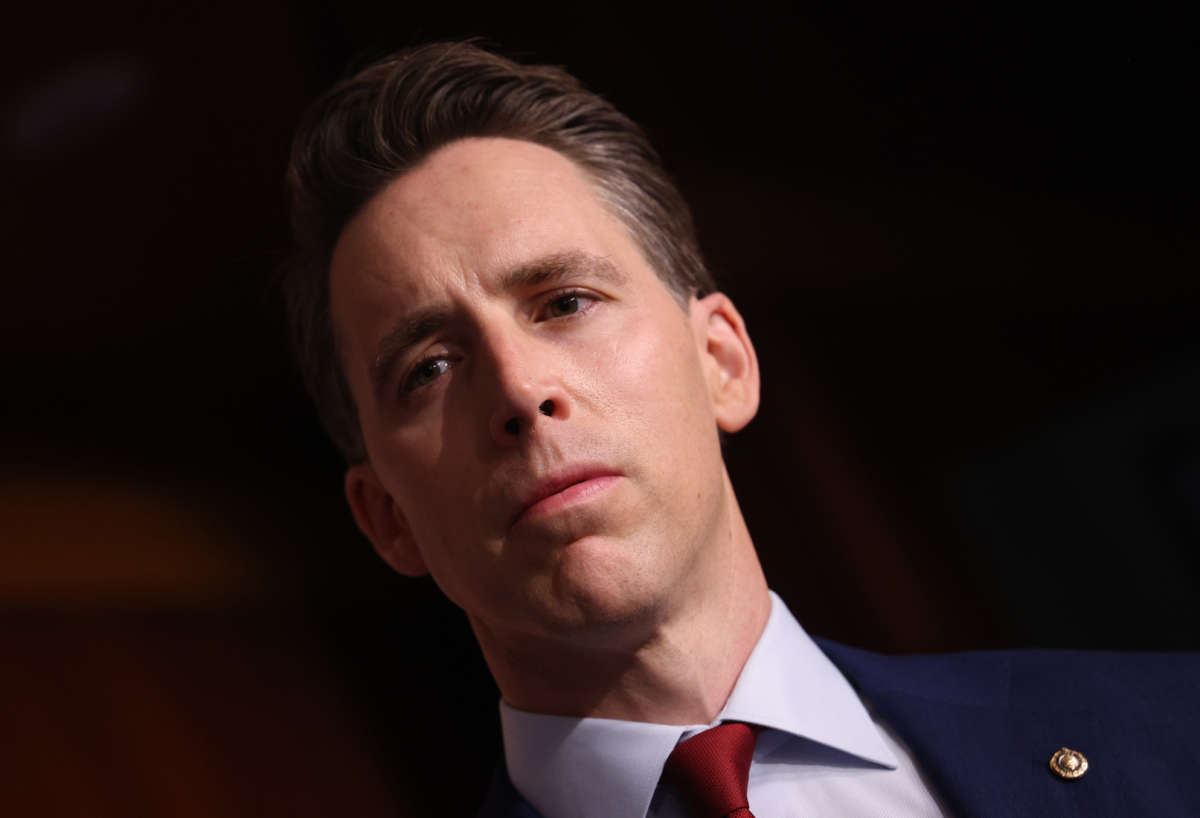 Sen. Josh Hawley (R-Missouri) speaks on the bipartisan infrastructure bill during a press conference with fellow Republican senators at U.S. Capitol on August 04, 2021 in Washington, D.C.