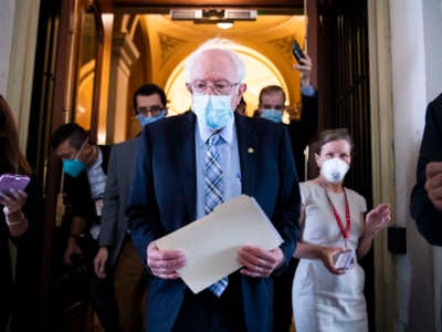 Sen. Bernie Sanders (I-Vermont), talks with reporters while leaving the U.S. Capitol on Monday, August 9, 2021.