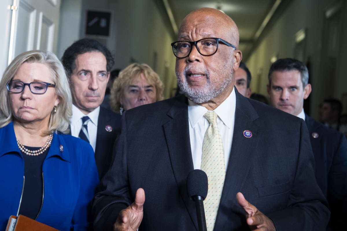 Chairman Bennie Thompson (D-Mississipppi) addresses the media after the House Jan. 6 select committee hearing to examine the January 2021 attack on the Capitol, on Tuesday, July 27, 2021. Also appearing from left are Representatives Liz Cheney (R-Wyoming), Jamie Raskin (D-Maryland), Zoe Lofgren (D-California), Pete Aguilar (D-California) and Adam Kinzinger (R-Illinois).