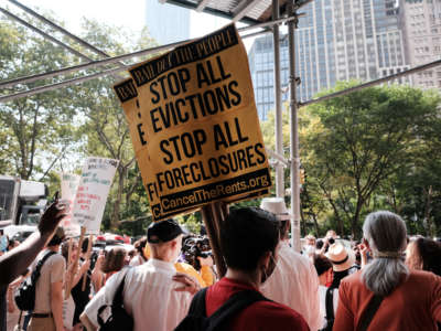 Activists hold a protest against evictions near City Hall on August 11, 2021 in New York City.