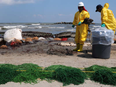 Members of a U.S. Coast Guard Shoreline Cleanup and Assessment Team remove oil from a beach in Port Fourchon, Louisiana, in May 2010. Gulf Coast residents and response workers were exposed to the toxic mix of oil and chemical dispersants used to clean up the massive oil spill. Many suffer from chronic illness and other debilitating health impacts as a result.
