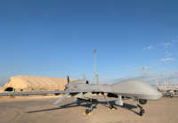 A picture taken on January 13, 2020, during a press tour organized by the U.S.-led coalition, shows U.S. army drones at the Ayn al Asad Air Base in the western Iraqi province of Anbar, Iraq.