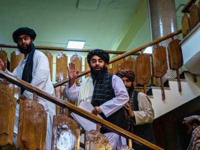 Zabihullah Mujahid, the Taliban spokesman for nearly two decades underground, makes his first-ever public appearance during a press conference in Kabul, Afghanistan, on August 17, 2021.