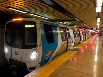 A Bay Area Rapid Transit (BART) train is seen at the Lake Merritt station in Oakland, California, on January 13, 2021. BART trains are just one local public transit system that stand to gain massively from the infrastructure bill.