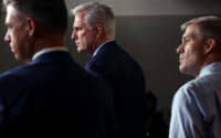 House Minority Leader Kevin McCarthy (R-California) (C) joined by Rep. Jim Banks (R-Indiana) (L) and Rep. Jim Jordan (R-Ohio) speaks a news conference on House Speaker Nancy Pelosi’s decision to reject two of Leader McCarthy’s selected members from serving on the committee investigating the January 6th riots on July 21, 2021 in Washington, D.C.