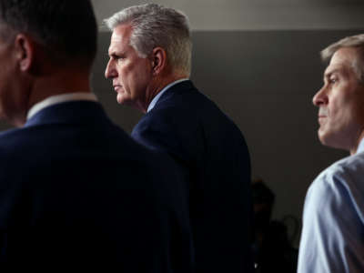 House Minority Leader Kevin McCarthy (R-California) (C) joined by Rep. Jim Banks (R-Indiana) (L) and Rep. Jim Jordan (R-Ohio) speaks a news conference on House Speaker Nancy Pelosi’s decision to reject two of Leader McCarthy’s selected members from serving on the committee investigating the January 6th riots on July 21, 2021 in Washington, D.C.
