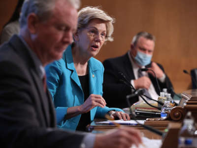 Sen. Elizabeth Warren (D-Massachusetts) questions witnesses during a Senate Homeland Security and Governmental Affairs Committee confirmation hearing in the Dirksen Senate Office Building on Capitol Hill on August 05, 2021 in Washington, D.C.