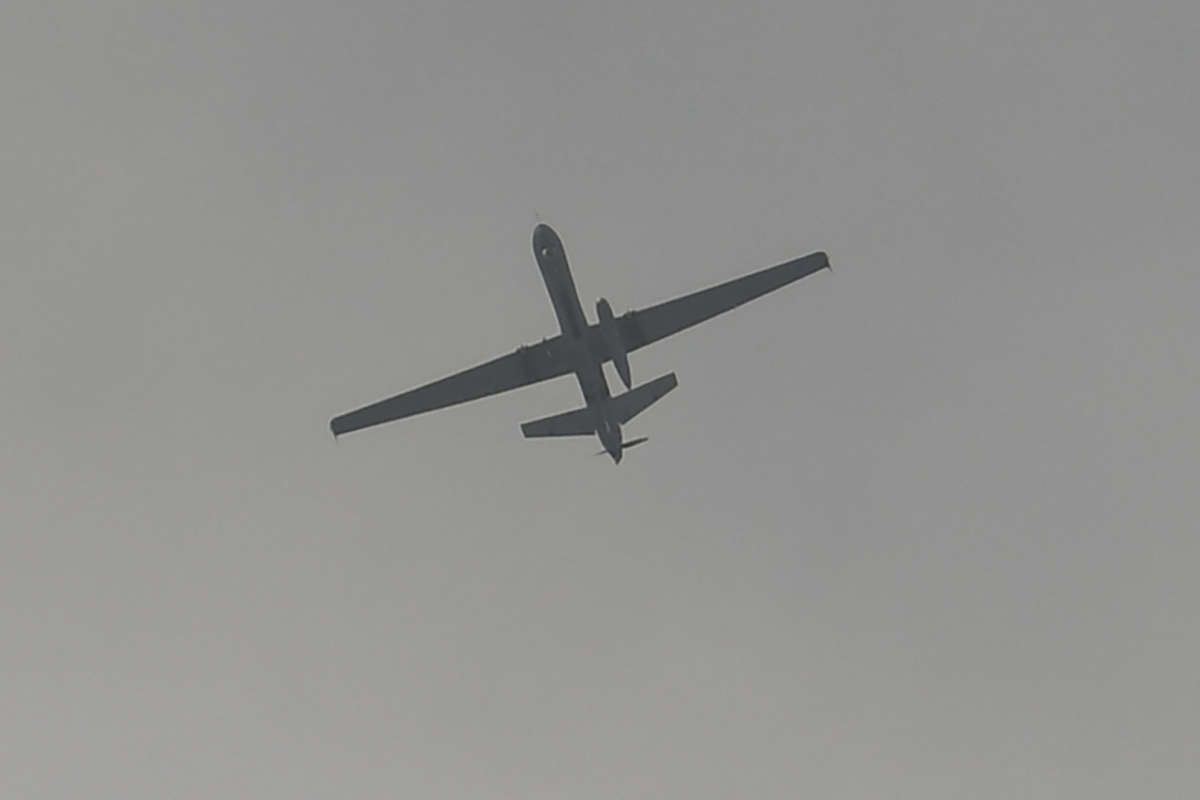 A drone flies over the airport in Kabul, Afghanistan, on August 31, 2021.