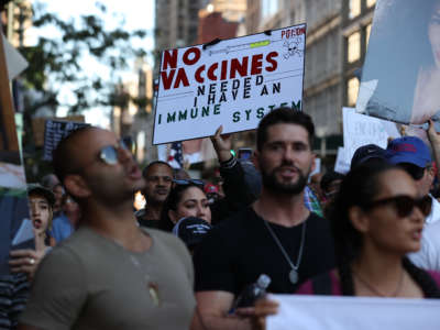 Crowds are gathered at the Madison Square Park and take streets during "Freedom Rally" to protest vaccination mandate against COVID-19 in New York City, on September 4, 2021.