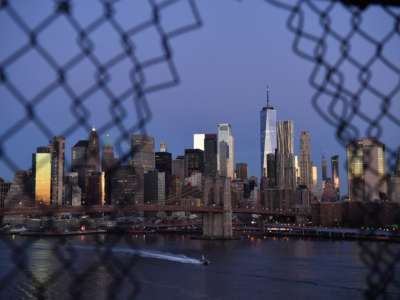 The early morning skyline is viewed on the 20th anniversary of the 9/11 attacks on the World Trade Center in Manhattan in New York, on September 11, 2021.