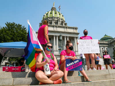 Protesters rally for reproductive rights in front of the Pennsylvania State Capitol on September 12, 2021, in Harrisburg, Pennsylvania, after the Supreme Court refused to block a Texas law prohibiting almost all abortions.