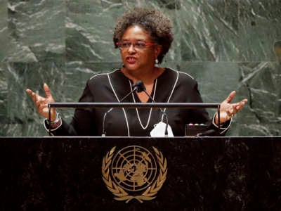 Prime Minister of Barbados Mia Amor Mottley addresses the 76th session of the United Nations General Assembly at UN headquarters on September 24, 2021, in New York.