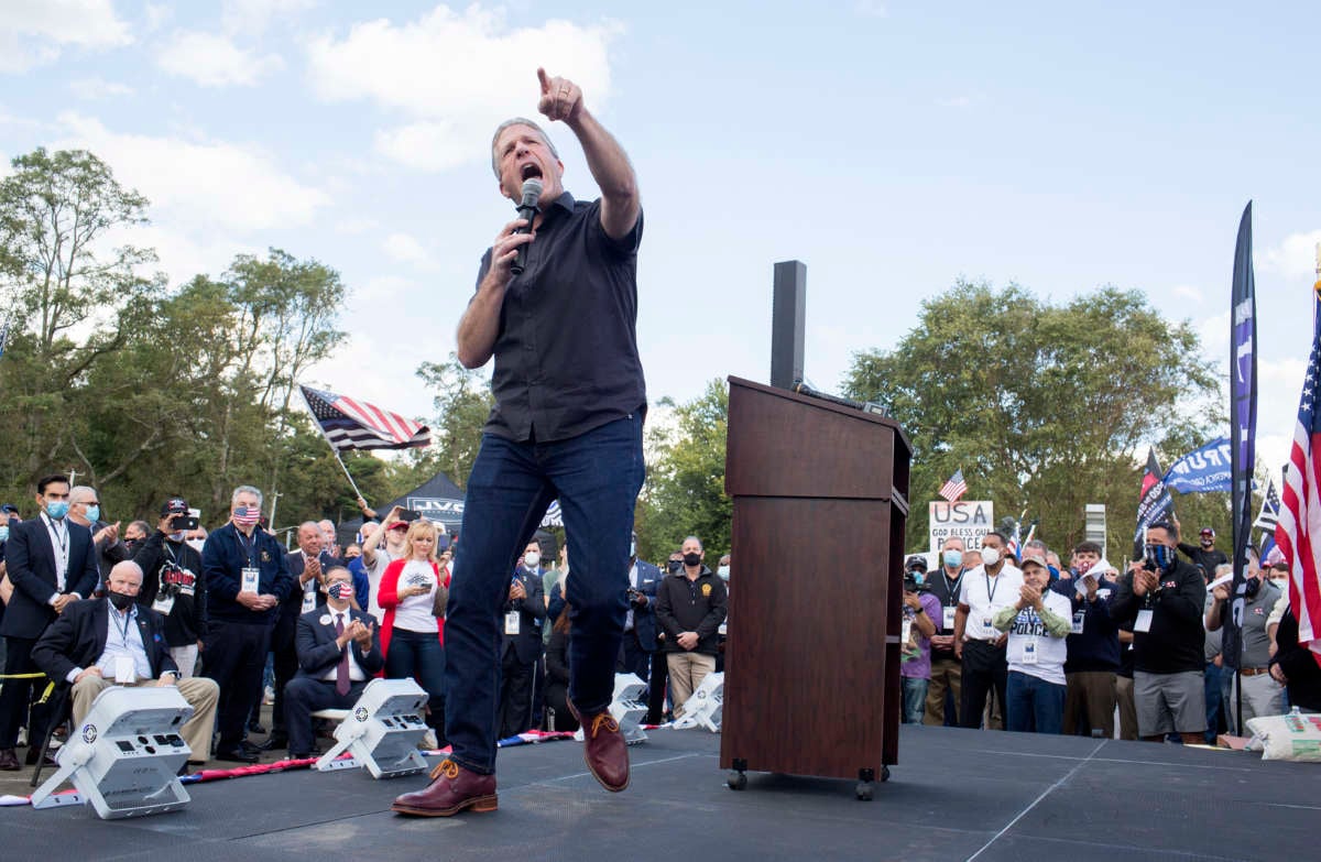 New York City Patrolman Benevolent Association President Patrick Lynch campaigns for President Trump at a rally hosted by Long Island and New York City police unions in support of the police on October 4, 2020, in Suffolk County, New York.