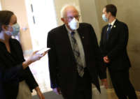 Sen. Bernie Sanders walks to a Democratic policy luncheon at the U.S. Capitol on September 14, 2021, in Washington, D.C.
