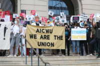 Protesters show support for the AICWU union organizing effort at a rally on September 9, 2021, outside the Art Institute of Chicago in downtown Chicago, Illinois.