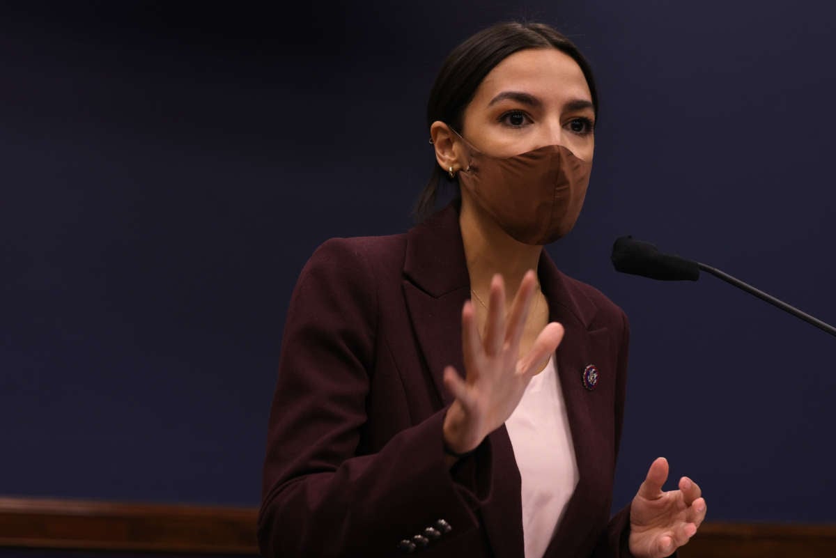 Rep. Alexandria Ocasio-Cortez (D-New York) speaks during a news conference on March 18, 2021 in Washington, D.C.