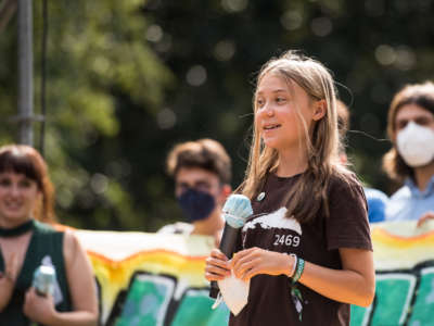 Greta Thunberg speaks at Fridays for Future, a demonstration and parade in Milan, Italy, on October 1, 2021.