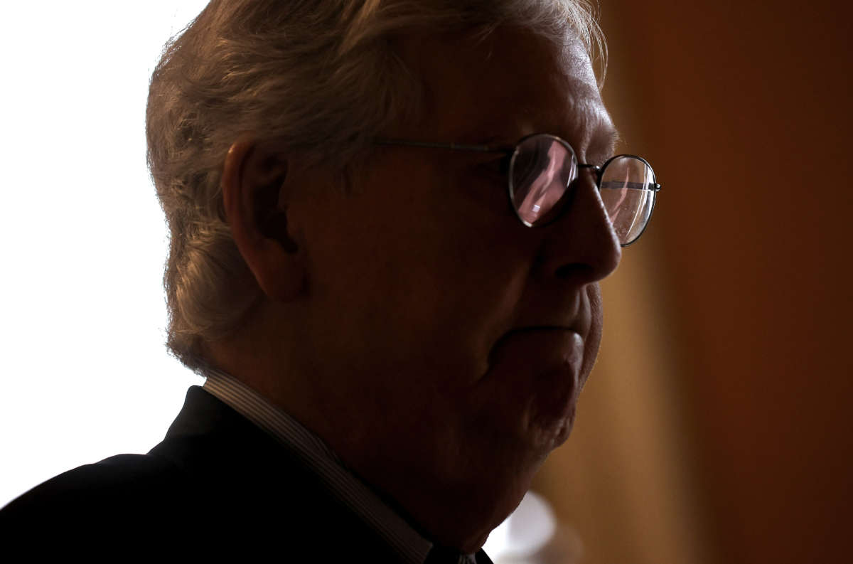 Senate Minority Leader Mitch McConnell heads to the Senate floor in the U.S. Capitol on September 20, 2021, in Washington, D.C.