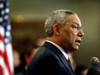 Secretary of State Colin Powell speaks to the media outside the Security Council Chambers at United Nations headquarters on February 14, 2003, in New York City.