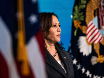 Vice President Kamala Harris is pictured in the South Court Auditorium at the Eisenhower Executive Office Building on June 2, 2021.