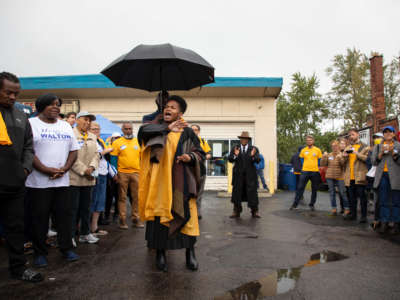 India Walton speaks to a crowd in Buffalo, New York. Walton's all-volunteer campaign for mayor defeated a four-term incumbent the in Democratic primary.