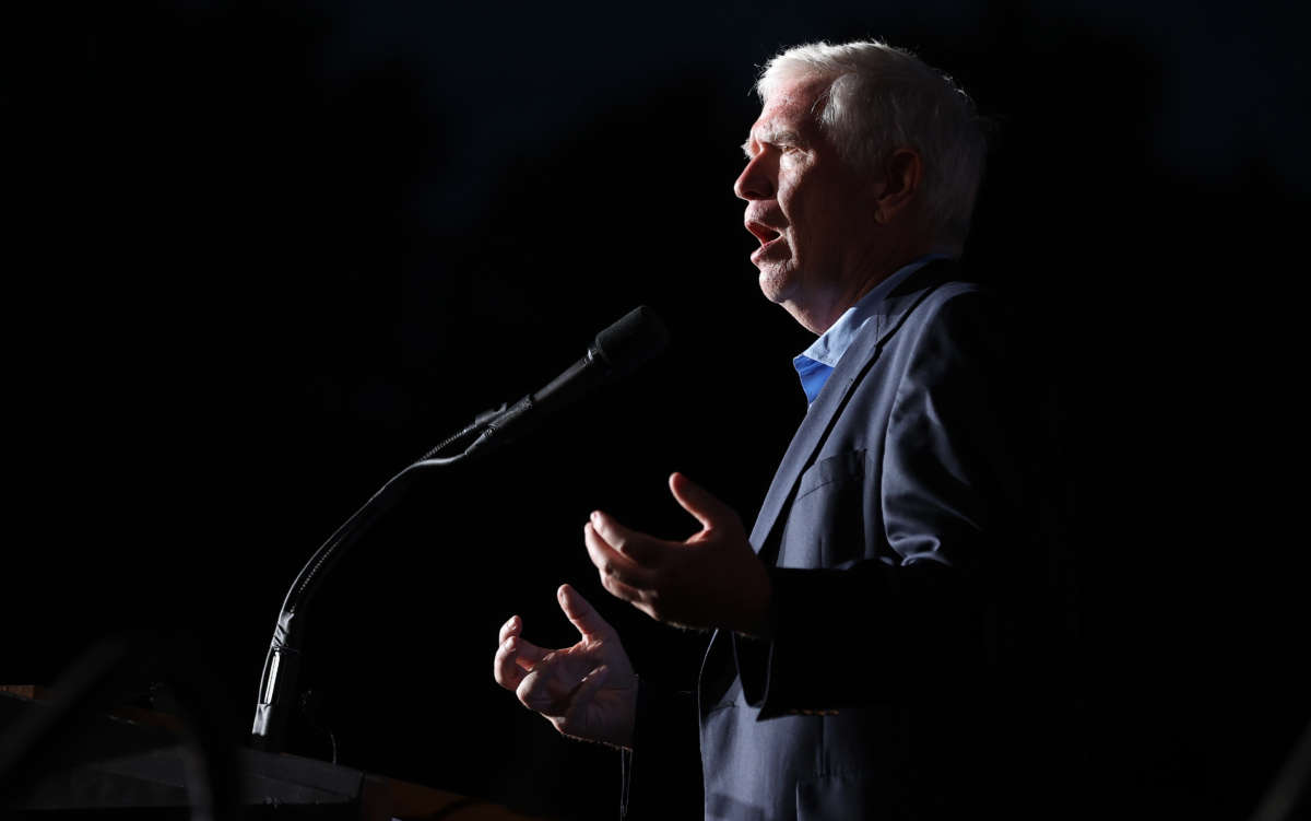 Rep. Mo Brooks addresses a "Save America" rally at York Family Farms on August 21, 2021, in Cullman, Alabama.