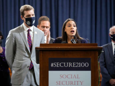 Rep. Alexandria Ocasio-Cortez speaks during a news conference to discuss legislation that would strengthen Social Security benefits, on Capitol Hill on October 26, 2021, in Washington, D.C.