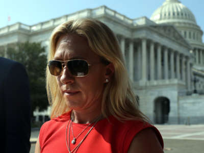 Rep. Marjorie Taylor Greene leaves a news conference on the infrastructure bill, outside the Capitol Building on August 23, 2021, in Washington, D.C.