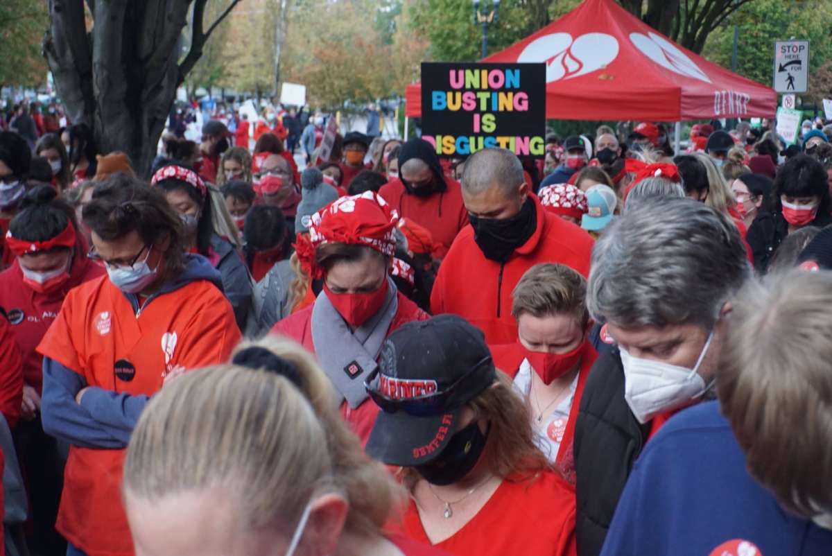 On September 28, nearly 800 people rallied in front of Kaiser’s corporate office in Portland, with union members joined by dozens of organizations and hundreds of supporters.