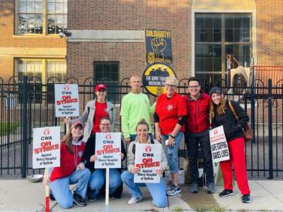 Nurses, technicians, clerical workers and custodians at the city's Mercy Hospital have been on strike for three weeks.