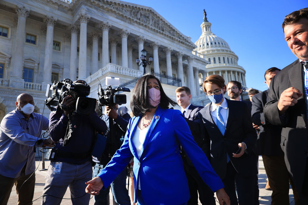 Congressional Progressive Caucus Chair Rep. Pramila Jayapal (D-Washington) talks to reporters following a vote to keep the federal government open until early December outside the U.S. Capitol on September 30, 2021, in Washington, D.C.