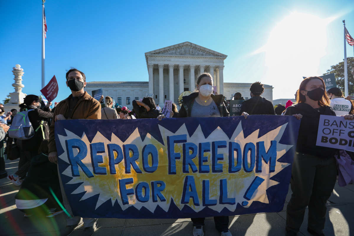 Pro-choice demonstrators protest outside of the Supreme Court in Washington, D.C., on November 1, 2021.
