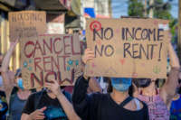 Tenants and housing activists march in the streets of Bushwick on July 1, 2020, in Brooklyn, New York.