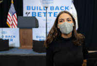 Rep. Alexandria Ocasio-Cortez greets supporters during an event with Vice President Kamala Harris about the Bipartisan Infrastructure Deal and the Build Back Better Agenda at the Edenwald YMCA on October 22, 2021, in the Bronx Borough of New York.