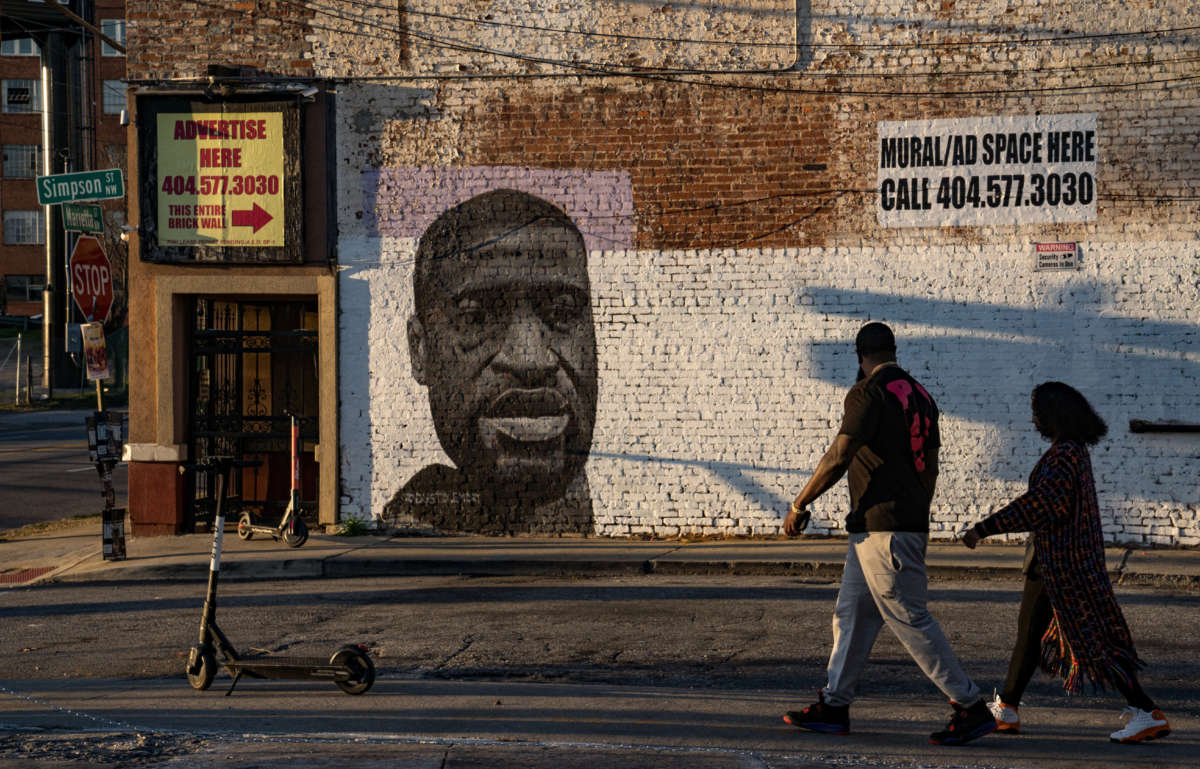 A mural depicting George Floyd that was painted by Dustin Emory in 2020 is shown downtown on March 8, 2021, in Atlanta, Georgia.