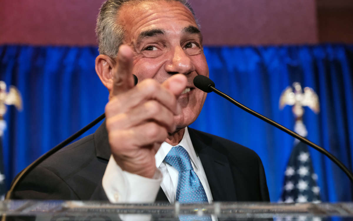 New Jersey Republican gubernatorial candidate Jack Ciattarelli greets supporters in a hotel ballroom at his watch party on November 2, 2021, in Bridgewater, New Jersey.