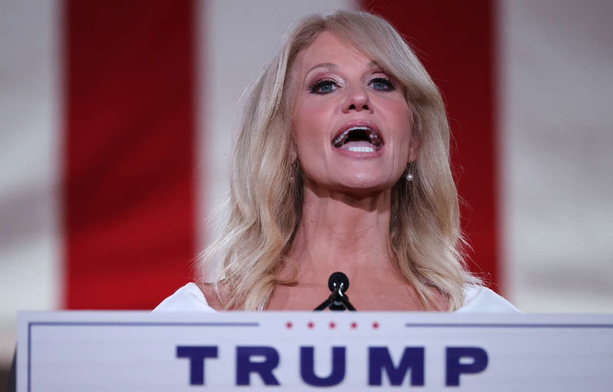 White House Counselor to the President Kellyanne Conway pre-records her address to the Republican National Convention from inside an empty Mellon Auditorium on August 26, 2020, in Washington, D.C.