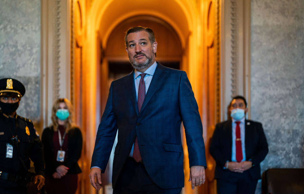 Sen. Ted Cruz departs from the Senate Chamber following a vote on November 3, 2021, in Washington, D.C.