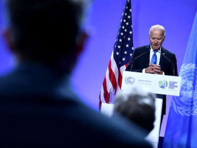 President Joe Biden addresses a press conference at the COP26 UN Climate Change Conference in Glasgow, Scotland, on November 2, 2021.