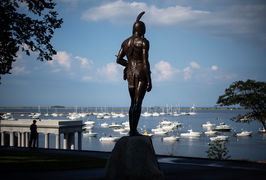 A statue of Ousamequin, the chief, or sachem, of the Wampanoag Nation, overlooks Plymouth Bay.