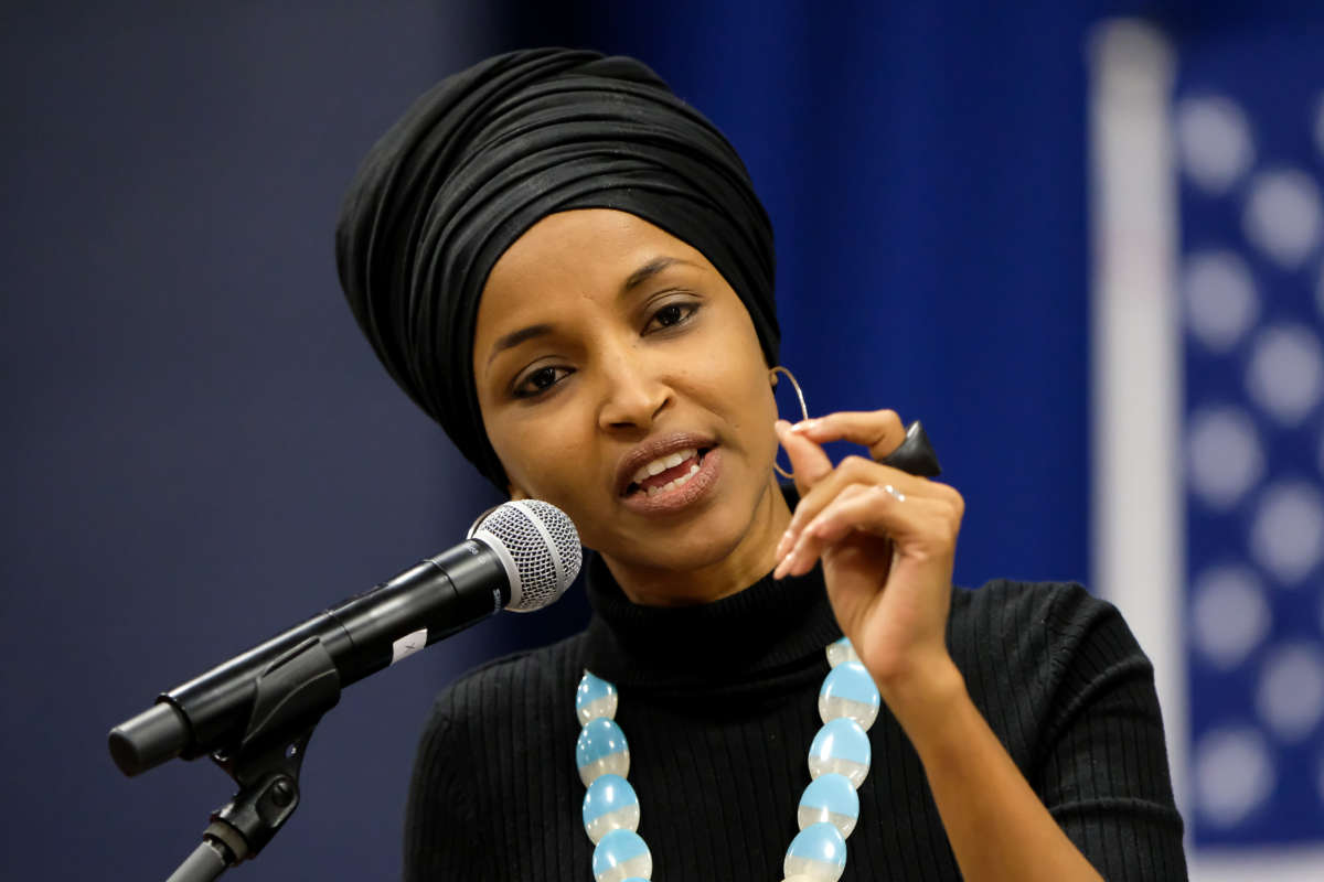 Rep. Ilhan Omar speaks at Southern New Hampshire University in Manchester, New Hampshire, on December 13, 2019.